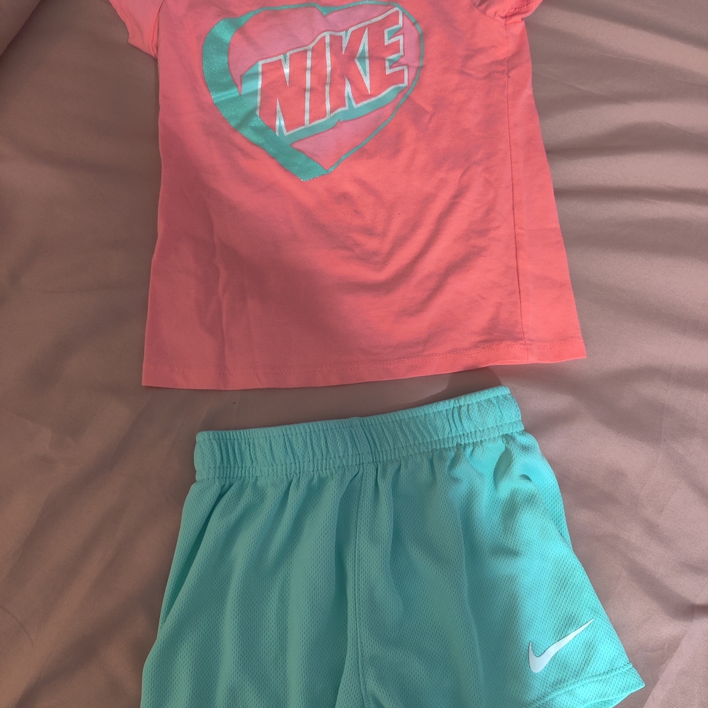 Nike Girls Coral Pink Tee with Aqua Athletic Shorts